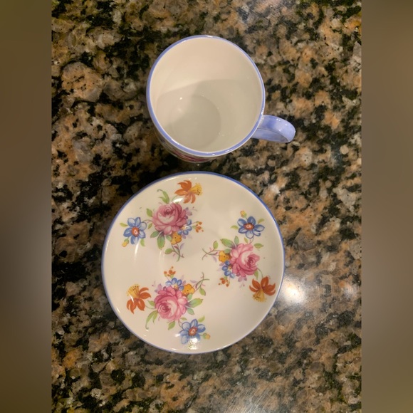 Miniature Shelley England Tea Cup and Saucer Rose Floral with Blue Trim - Picture 5 of 10